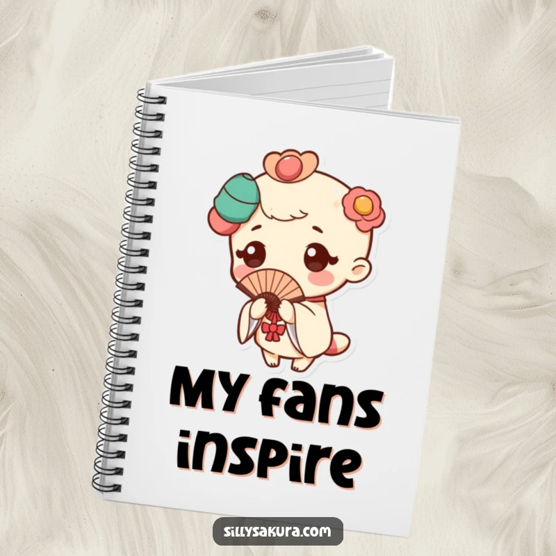 Funny notebook cover featuring a Kawaii character in a refined fan pose, with a subtle flutter enhancing the design.