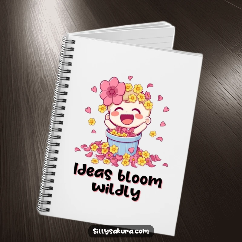 Funny notebook with a laughing character spilling bright flower petals, ideal for capturing joyful ideas.