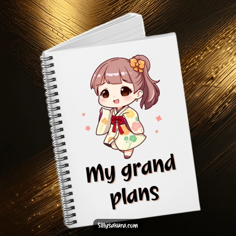 Funny Notebook: A character joyfully twirls in a playful kimono, ready to record your inspired thoughts.