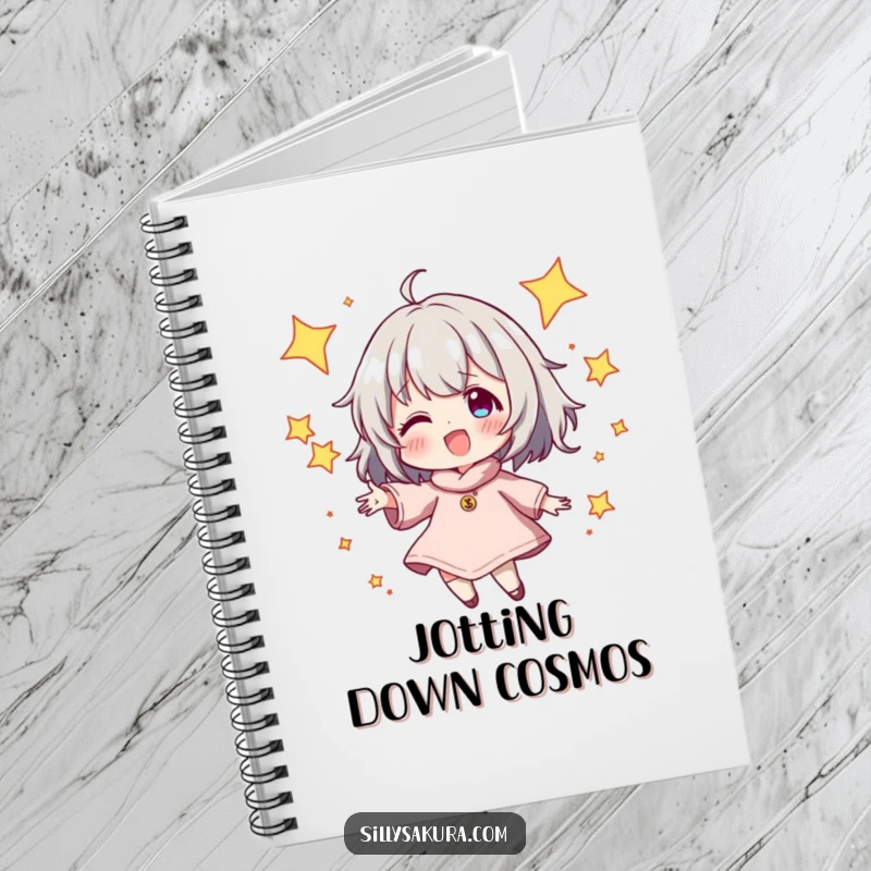 Funny Notebook featuring a character energetically juggling sparkling stars, ideal for jotting down creative thoughts with a cosmic, humorous vibe.