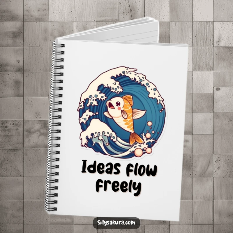 Funny notebook featuring a lively koi fish character energetically leaping from a stylized ocean wave, perfect for notes.