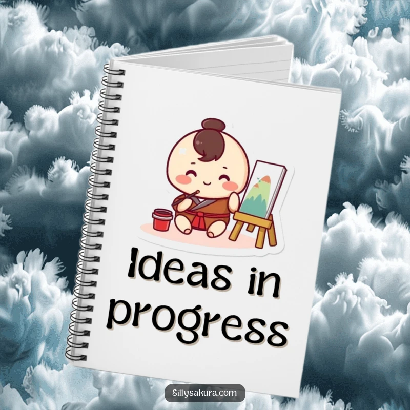 Funny Kawaii notebook with a round character happily painting traditional art, ideal for journaling artistic ideas with humor.