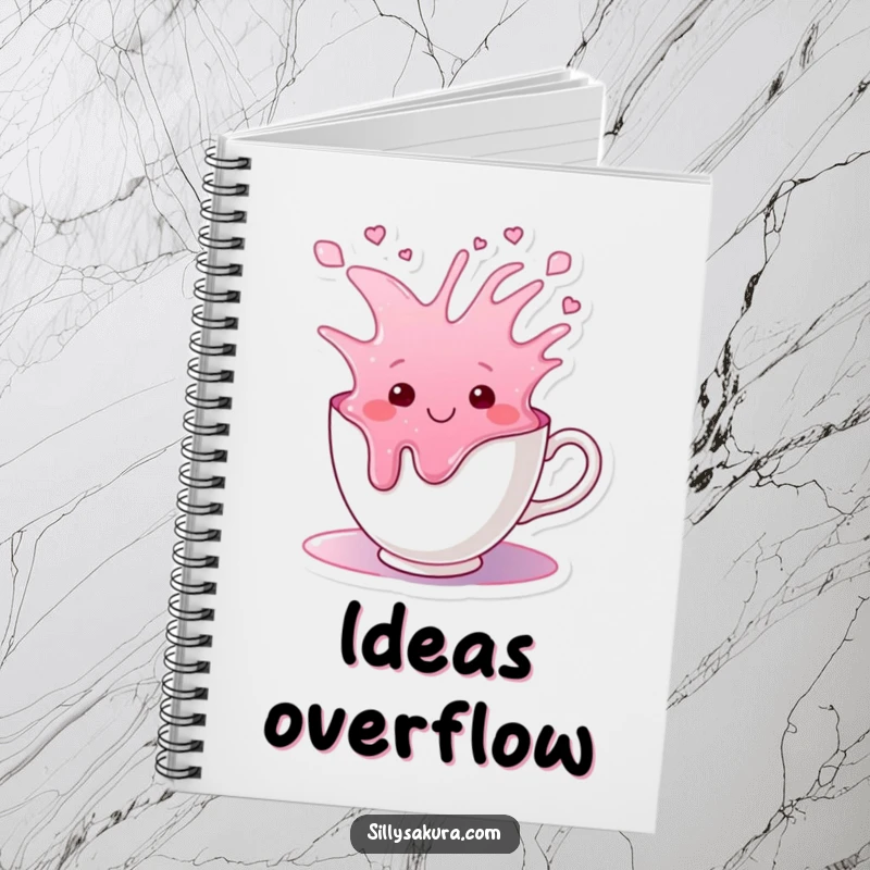 Funny notebook featuring a smiling teacup character happily overflowing with colorful liquid, perfect for jotting notes.