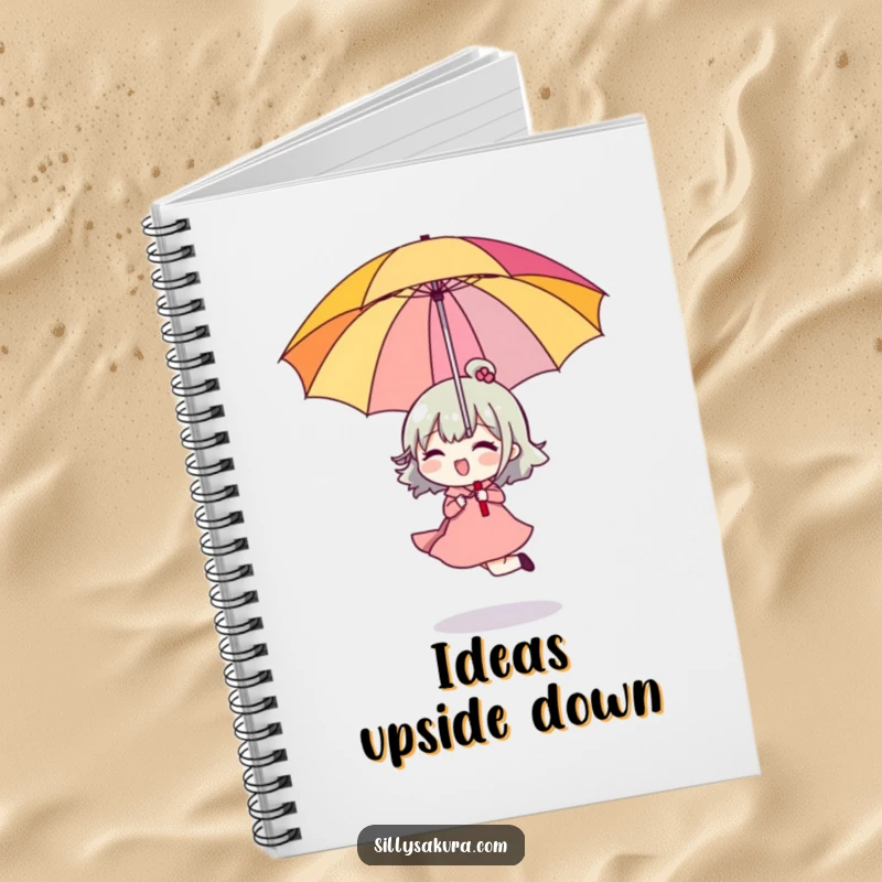 Funny Notebook with a character happily skipping, holding a bright umbrella upside down, perfect for notes.