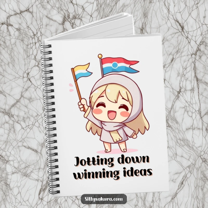 Funny notebook with a delighted character enthusiastically waving a small, colorful flag, inspiring joy and excitement for note-taking and creative brainstorming sessions.