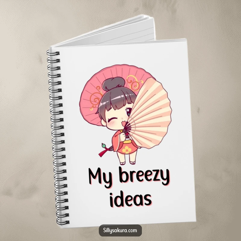 Funny Notebook: A character comically tries to pose with a large decorative fan, ready to record your dramatic ideas.