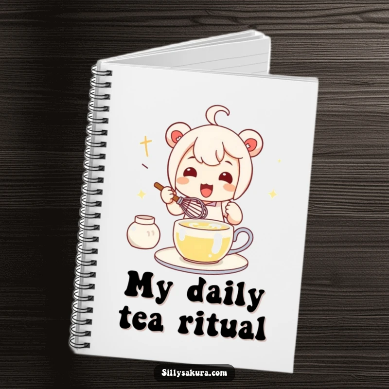 Funny Kawaii Tea Whisk Notebook cover with a cute character enthusiastically whisking tea, ready for your notes.