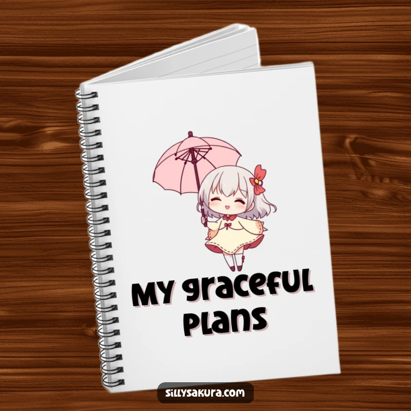 Funny notebook cover featuring a small character elegantly twirling a parasol, a wide grin adding a humorous touch.