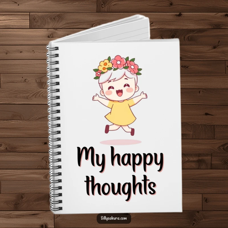 Funny notebook cover featuring a cute character adorned with a flower crown, joyfully skipping with delightful happiness.
