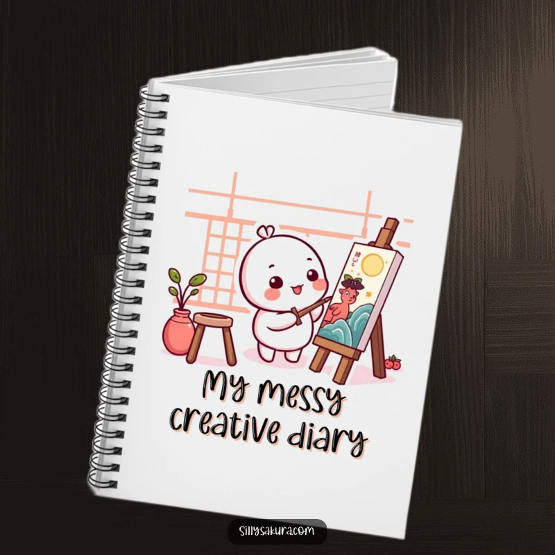 Funny Kawaii Artist Notebook cover with a cute, round character happily painting a traditional artwork, ready for your notes.