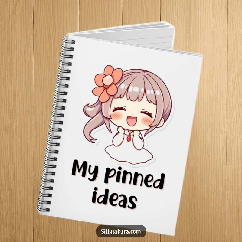 Funny notebook: a character giggles while wearing a large, decorative hairpin, ideal for jotting down happy thoughts.
