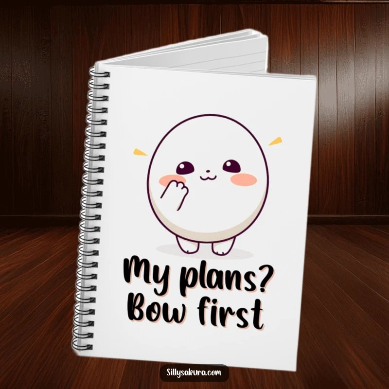 Funny Kawaii Notebook. A small, round cute character enthusiastically bows, perfect for journaling and thoughtful notes.