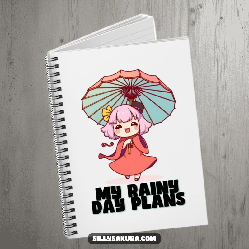 Funny Kawaii notebook with a character joyfully twirling a decorative umbrella, ideal for recording ideas with artistic humor.