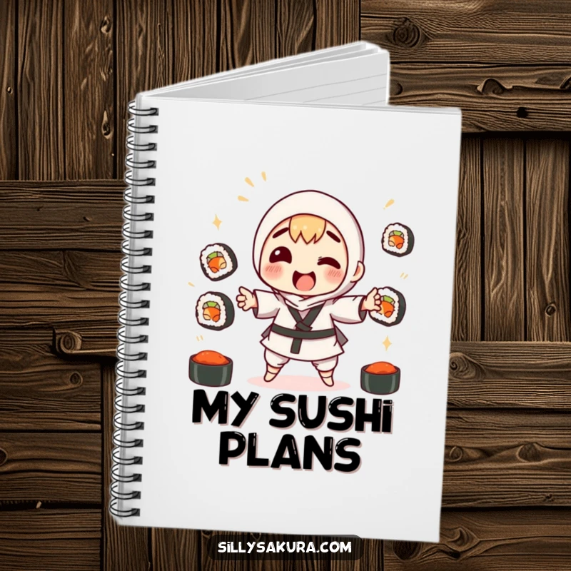 Funny notebook cover with a character comically juggling sushi rolls, soy sauce splatters, for note-taking.