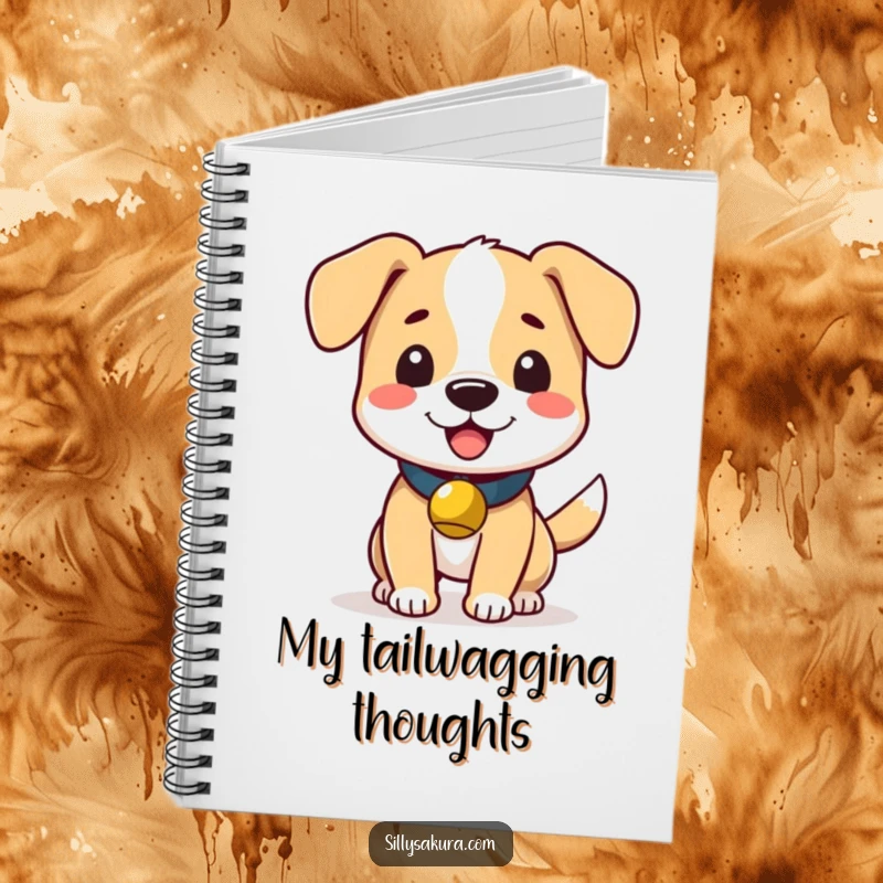 Funny notebook featuring a cute dog with a small bell, wagging its tail happily, ready to inspire note-taking.