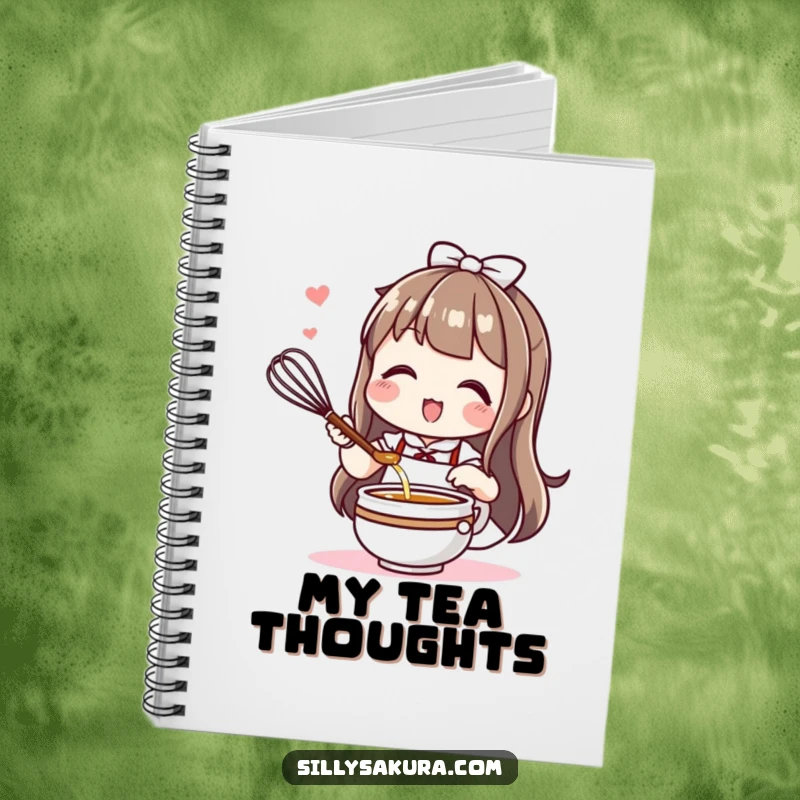 Funny Kawaii notebook featuring a cute character enthusiastically whisking tea, ideal for jotting down tea-related thoughts.