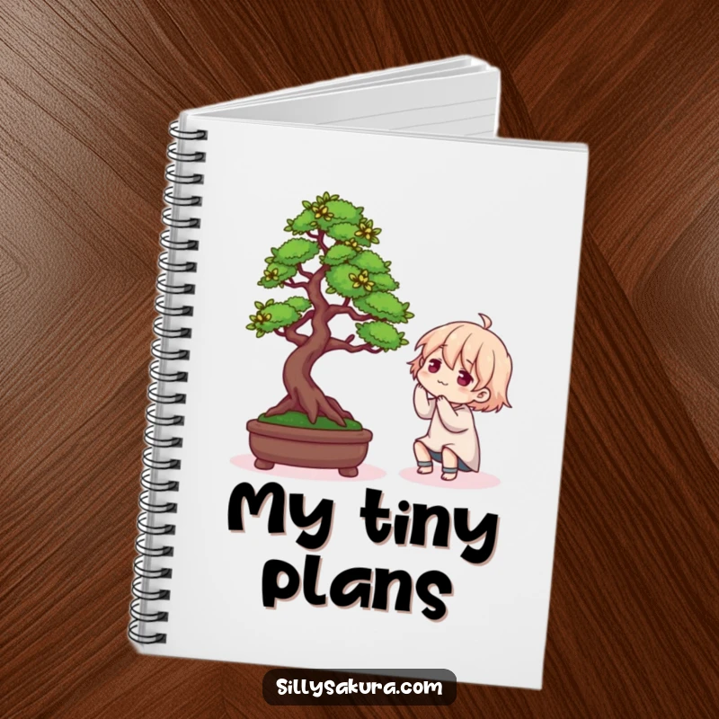 Funny notebook cover featuring a character humorously interacting with a Bonsai tree, ideal for journaling and note-taking.