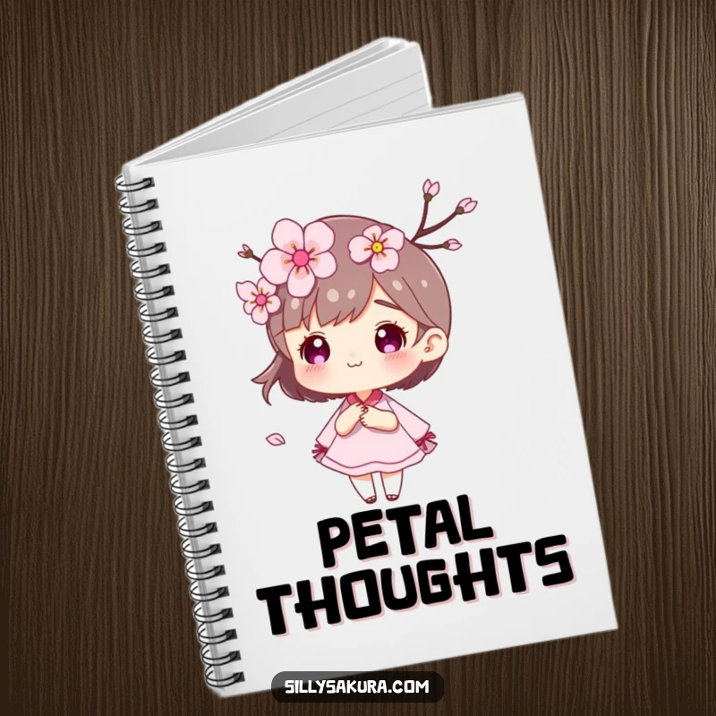 Funny Cherry Blossom Notebook with a character and petals carried by a gentle, artistic wind.