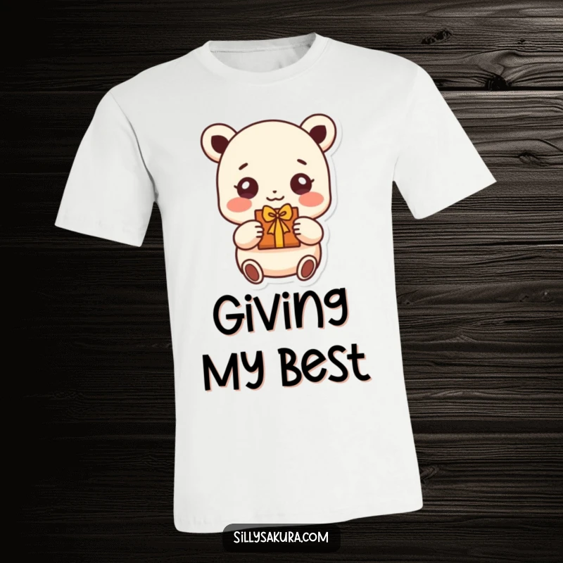Funny t-shirt showing a small character with incredibly bright, beaming eyes, offering a lovingly handmade gift with enthusiasm.