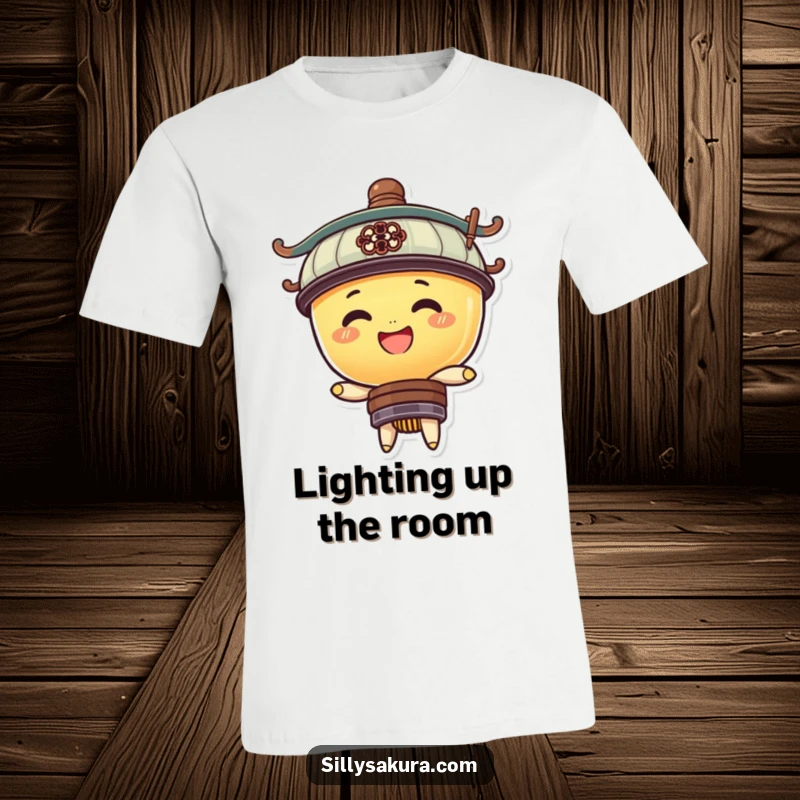 Funny t-shirt showcasing a round, smiling lantern character energetically bobbing up and down, full of life and humor.