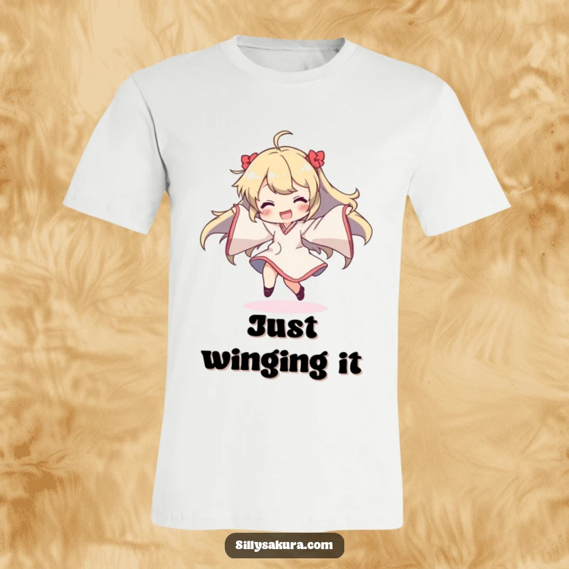 Funny t-shirt showcasing a character's ecstatic dance, sleeves swirling dramatically, a true celebration of carefree, joyful movement.