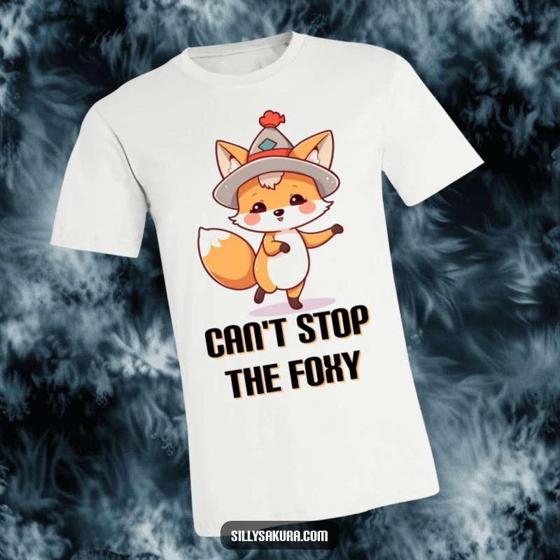 Funny t-shirt showcasing a joyful fox wearing a cute hat and performing an energetic, spirited dance.