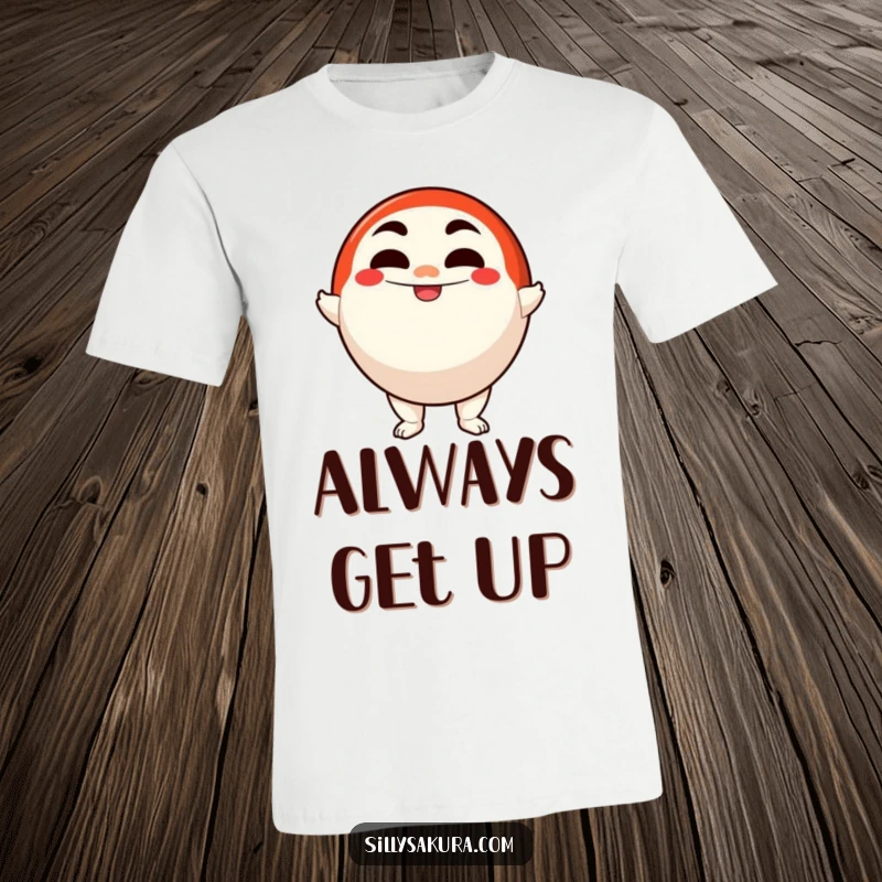 Funny t-shirt featuring a happy Daruma doll character wobbling upright with a determined, smiling expression of perseverance.