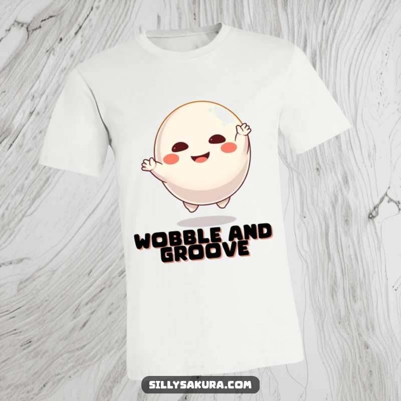 Funny Daruma t-shirt with a floating character joyfully striking a dance pose, showcasing movement and playful spirit.