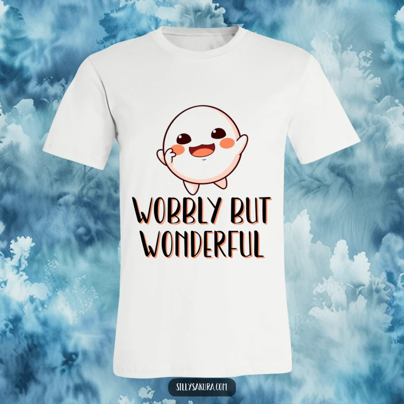 Funny Floating Daruma T-Shirt with a Daruma doll character joyfully striking a fun dancing pose in mid-air.