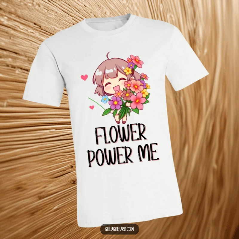 Funny T-Shirt: A delightful character presenting a lush bouquet of bright, stylized flowers with a happy expression.