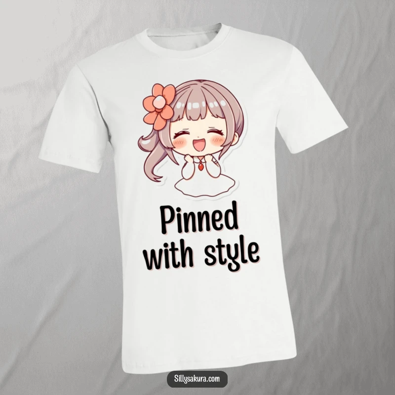 Funny t-shirt: a character giggles heartily while wearing a prominent and decorative hairpin, embodying playful happiness.