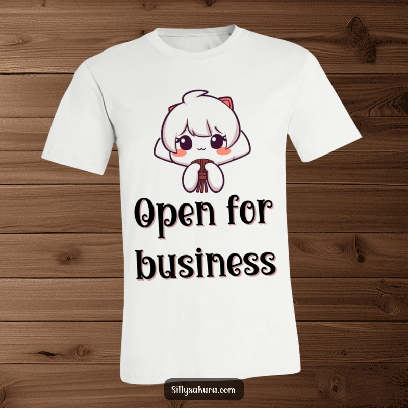 Funny t-shirt showcasing a stylized Japanese fan character elegantly opening and closing with a graceful flourish.