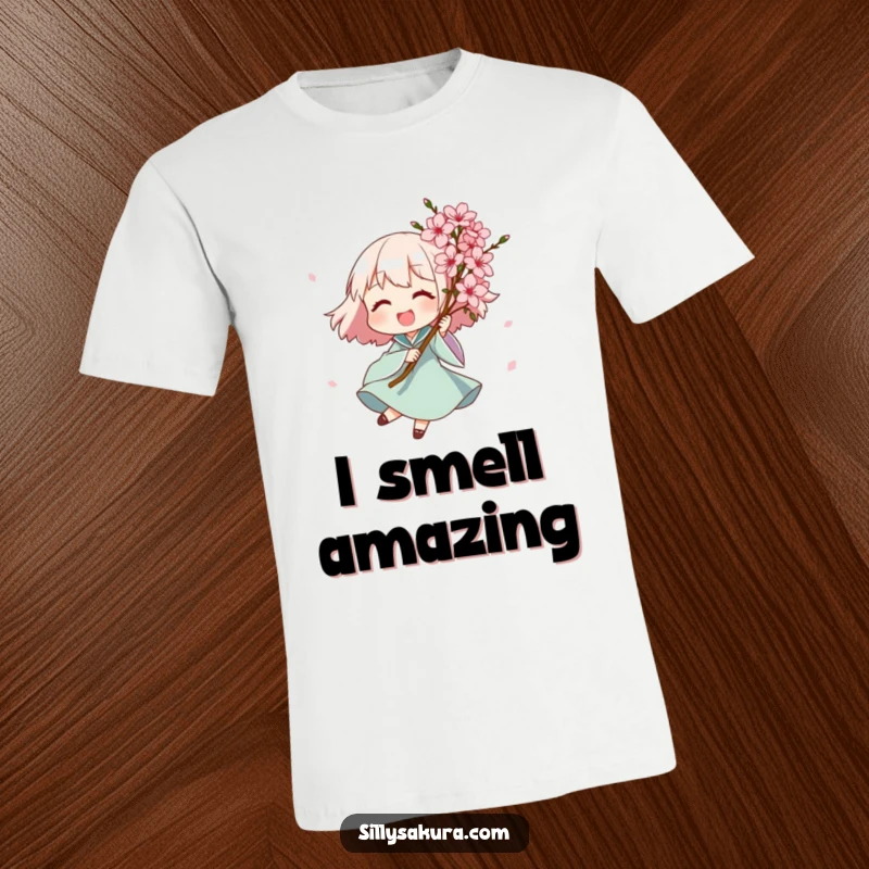 Funny t-shirt showing a joyful character happily spinning with a vibrant bouquet of exquisite pink blossoms, embodying pure bliss and floral cheer.