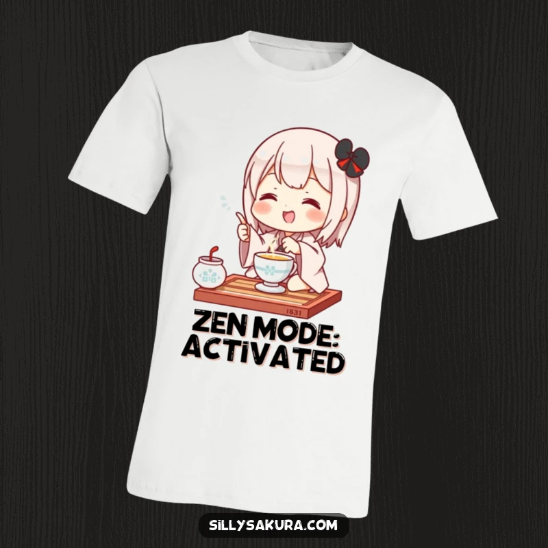 Funny Kawaii T-Shirt showcasing a cute character in a joyful tea ceremony gesture, bringing smiles with its charming depiction.