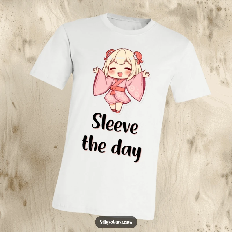 Funny Kimono T-Shirt featuring a character in traditional attire with sleeves dramatically billowing during a dance.