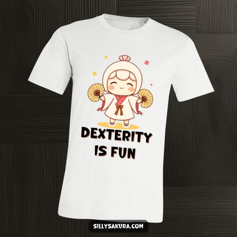Funny t-shirt displaying a cute Kokeshi doll character playfully juggling three miniature fans with a cheerful demeanor.