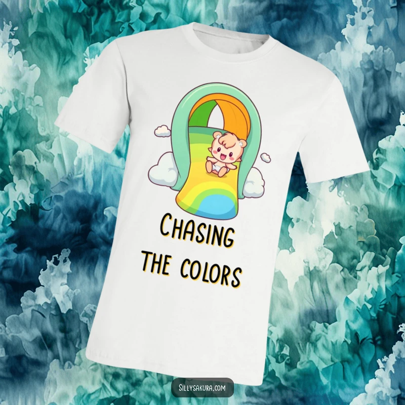 Funny rainbow slider t-shirt, a cute illustration of a character joyfully sliding down a large, vividly colored rainbow.