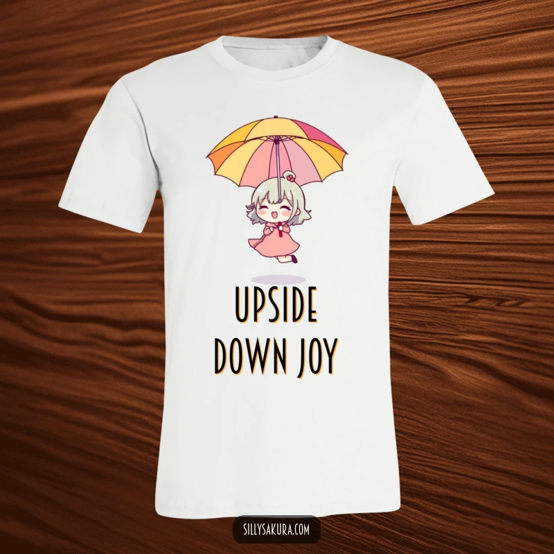 Funny T-Shirt with a character happily skipping while holding a bright umbrella upside down, depicting joyful abandon.