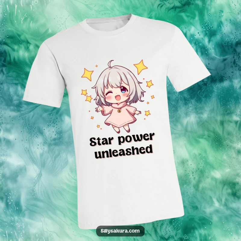 Funny T-Shirt with a character energetically juggling sparkling stars, symbolizing ambition and wonder, a delightful humorous gift for dreamers.