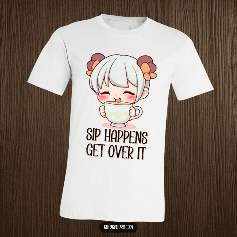 Funny t-shirt featuring a cute character with a wide smile, playfully sipping from a tiny teacup, a delightful and charming design.