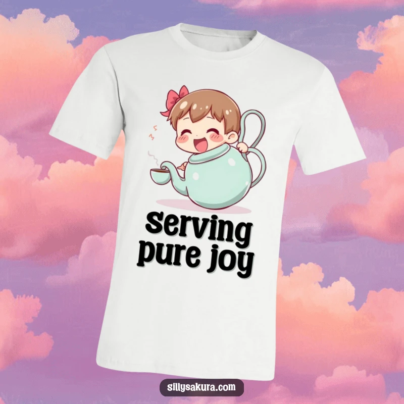 Funny t-shirt: a joyful character struggles to pour tea from an oversized, wobbling teapot, highlighting a moment of lighthearted effort.