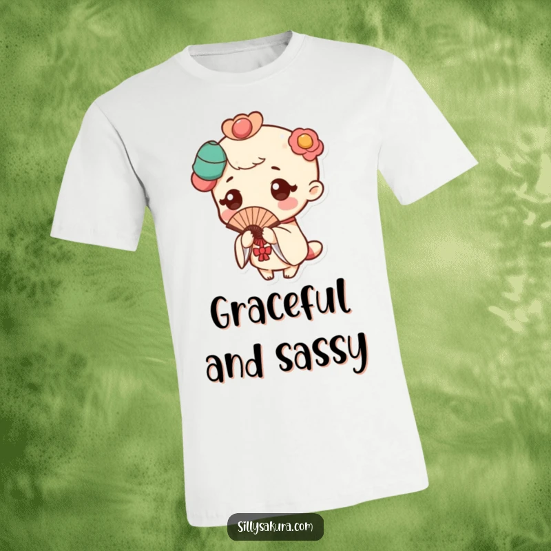Funny T-shirt depicting a charming Kawaii character gracefully holding a fan in a traditional pose with a hint of a flutter.