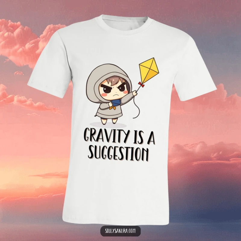 Funny t-shirt with a determined frowning character attempting to fly a small kite, perfect for humor lovers.