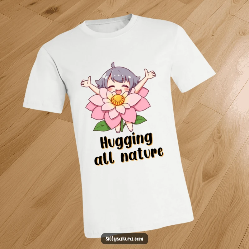 Funny t-shirt depicting a character with outstretched arms joyfully hugging a large flower.