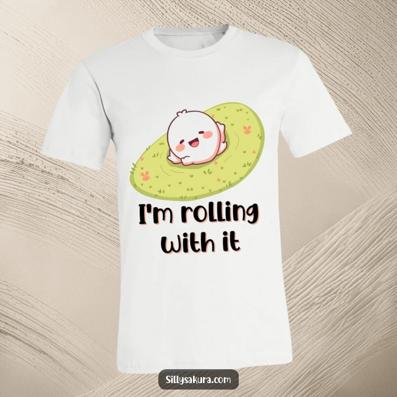Funny t-shirt showing a giggling character smiling while playfully rolling down a grassy hill, full of pure joy.