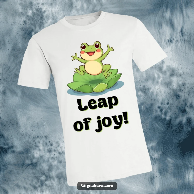 Funny Frog T-Shirt: A cute frog character mid-jump onto a lotus pad, celebrating joy and the beauty of the outdoors.