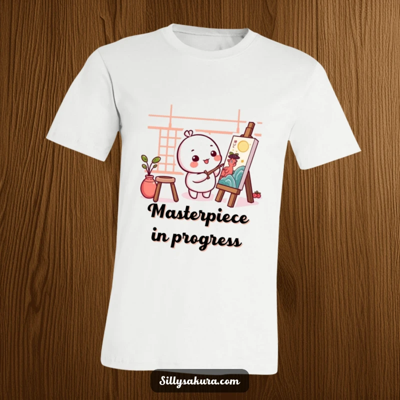 Funny Kawaii Artist T-Shirt with a cute, round character happily painting a beautiful traditional artwork. Art in motion.