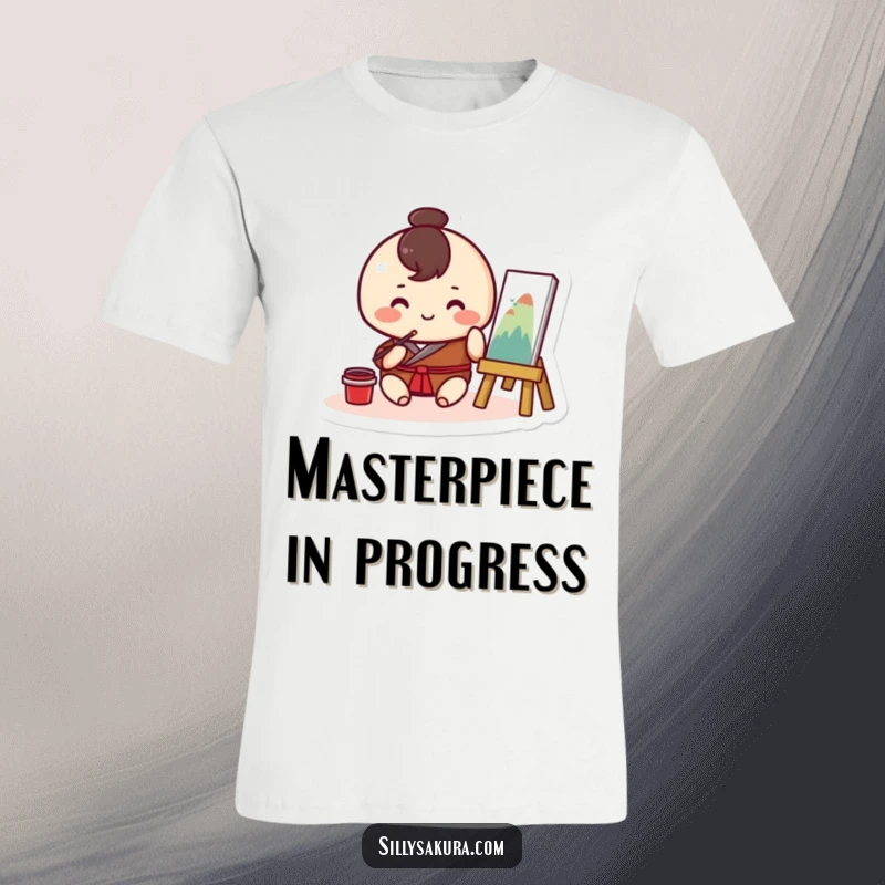 Funny Kawaii t-shirt with a cute, round character happily engaged in painting traditional artwork, highlighting artistic passion.