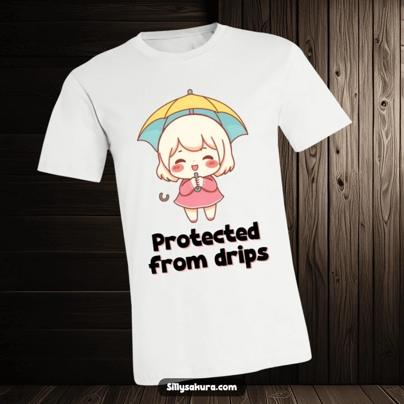 Funny t-shirt depicting a small, rosy-cheeked character giggling happily while holding a tiny umbrella.