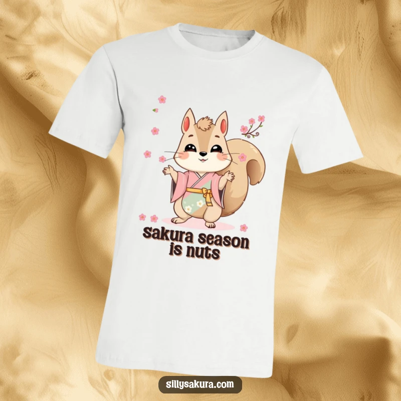 Funny t-shirt with a cute squirrel in a traditional kimono juggling tiny cherry blossoms with impressive dexterity.